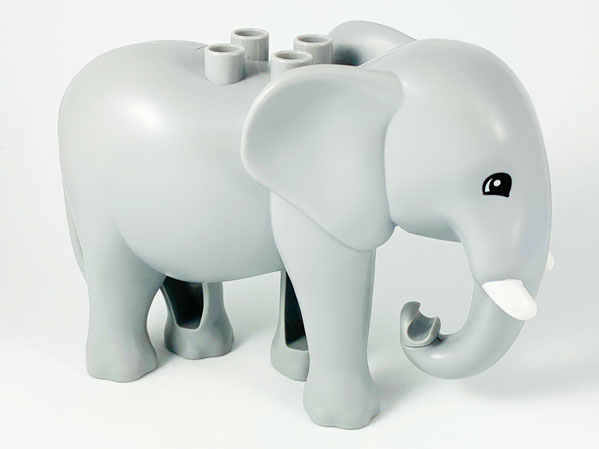 Display of LEGO part no. eleph3c01pb04 which is a Light Bluish Gray Duplo Elephant Adult, Walking, Molded Tusks, Eyes Semicircular Pattern 
