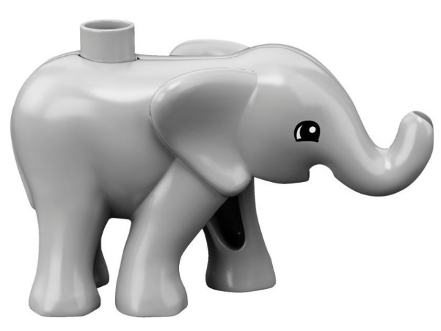 Display of LEGO part no. eleph5c01pb02 which is a Light Bluish Gray Duplo Elephant Baby, Walking, Eyes Semicircular Pattern 