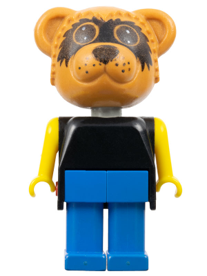 This LEGO minifigure is called, Fabuland Bear, Ricky Raccoon, Blue Legs, Black Top, Yellow Arms, Large Eyes Mask . It's minifig ID is fab12d.