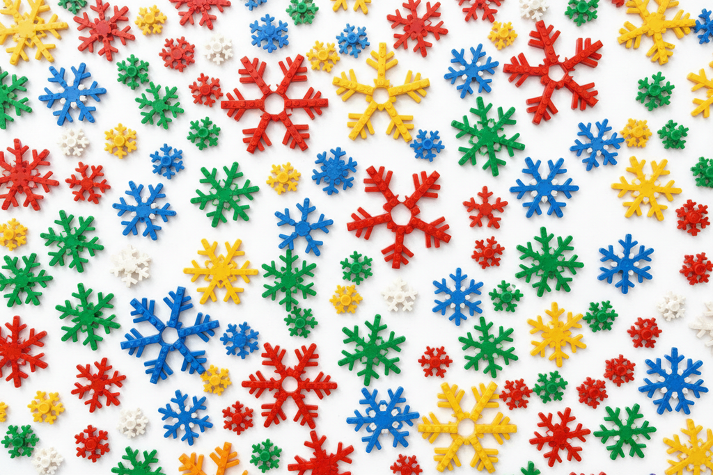 Falling LEGO snowflakes filling up the whole image on a white background