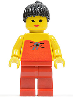 This LEGO minifigure is called, Red Halter Top, Red Legs, Black Ponytail Hair . It's minifig ID is fbr001.