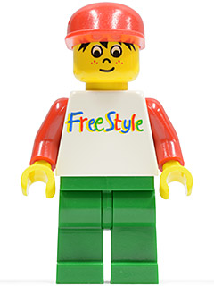 This LEGO minifigure is called, FreeStyle Timmy with Green Legs and Red Hat . It's minifig ID is fre001.