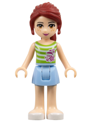 This LEGO minifigure is called, Friends Mia, Bright Light Blue Skirt, Green Top with White Stripes . It's minifig ID is frnd045.