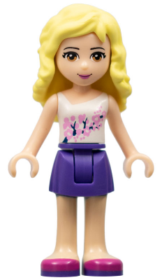 This LEGO minifigure is called, Friends Naya, Dark Purple Skirt, White Top with Pink Flowers . It's minifig ID is frnd107.