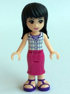 This LEGO minifigure is called, Friends Maya, Magenta Mid Length Skirt, White Plaid Button Shirt . It's minifig ID is frnd131.