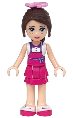 This LEGO minifigure is called, Friends Naomi (Light Nougat), White Top with Magenta Apron, Magenta Skirt, Bright Pink Flower . It's minifig ID is frnd142.