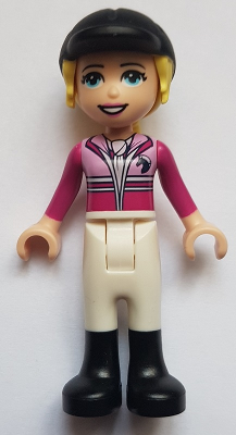 This LEGO minifigure is called, Friends Stephanie, White Riding Pants, Magenta Jacket, Riding Helmet with Bright Light Yellow Ponytail . It's minifig ID is frnd458.