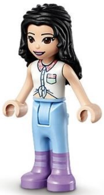 This LEGO minifigure is called, Friends Emma, Blue Riding Pants, White Collared Shirt, Black Hair . It's minifig ID is frnd479.