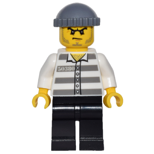 This LEGO minifigure is called, Police, Jail Prisoner 50380 Prison Stripes, Black Legs, Dark Bluish Gray Knit Cap, Beard Stubble and Scowl . It's minifig ID is game009.