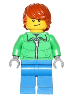This LEGO minifigure is called, Winter Jacket Zipper, Blue Legs, Dark Orange Hair, Crooked Smile . It's minifig ID is hol051.