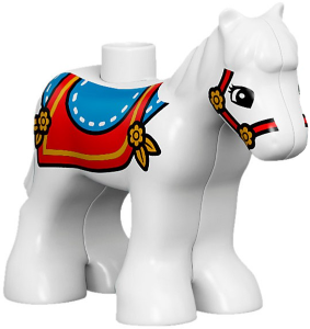 Display of LEGO part no. horse03c01pb04 which is a White Duplo Horse Baby Foal Pony with Blue and Red Saddle and Red Bridle Pattern 