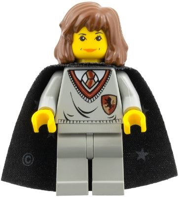 This LEGO minifigure is called, Hermione Granger, Gryffindor Shield Torso, Light Gray Legs, Black Cape with Stars . It's minifig ID is hp002.