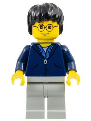 Display of LEGO Harry Potter Harry Potter, Dark Blue Jacket Torso, Light Gray Legs