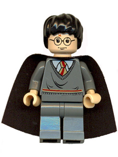 This LEGO minifigure is called, Harry Potter, Gryffindor Stripe Torso, Dark Bluish Gray Legs, Plain Black Cape . It's minifig ID is hp056a.