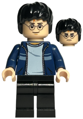 This LEGO minifigure is called, Harry Potter, Dark Blue Open Jacket with Stripe, Black Legs . It's minifig ID is hp087.