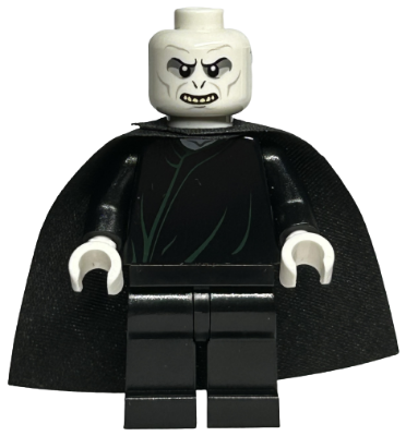 This LEGO minifigure is called, Lord Voldemort, White Head, Black Cape, Dark Green Robe Lines . It's minifig ID is hp098.