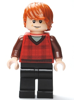 This LEGO minifigure is called, Ron Weasley, Red Tartan Sweater, Black Legs . It's minifig ID is hp113.
