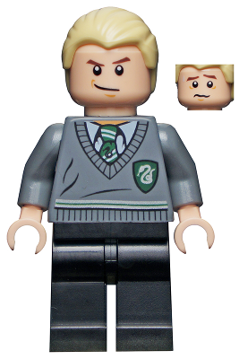 This LEGO minifigure is called, Draco Malfoy, Slytherin Stripe and Shield Torso, Black Legs . It's minifig ID is hp115.
