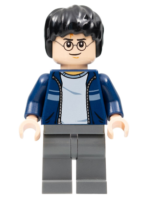 This LEGO minifigure is called, Harry Potter, Dark Blue Open Jacket with Stripe, Dark Bluish Gray Legs . It's minifig ID is hp116.