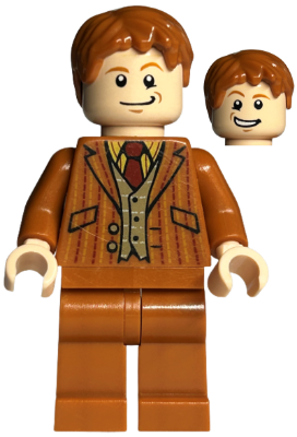 This LEGO minifigure is called, Fred / George Weasley, Dark Orange Suit . It's minifig ID is hp122.