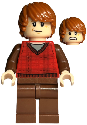 This LEGO minifigure is called, Ron Weasley, Red Tartan Sweater, Reddish Brown Legs . It's minifig ID is hp123.