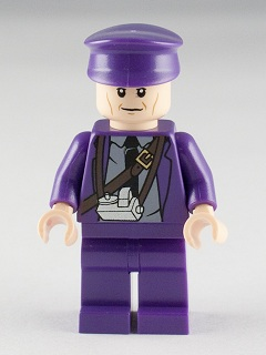 This LEGO minifigure is called, Stanley (Stan) Shunpike, Knight Bus Conductor Uniform, Diagonal Strap on Torso . It's minifig ID is hp127.