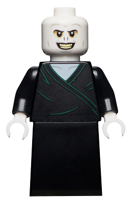 This LEGO minifigure is called, Lord Voldemort, White Head, Black Skirt, Smile with Teeth . It's minifig ID is hp197.