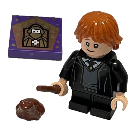 Display of LEGO Harry Potter Ron Weasley, Hogwarts Robe with wands, frog and tile