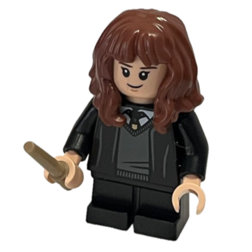 Display of LEGO Harry Potter Hermione Granger, Hogwarts Robe with Wands