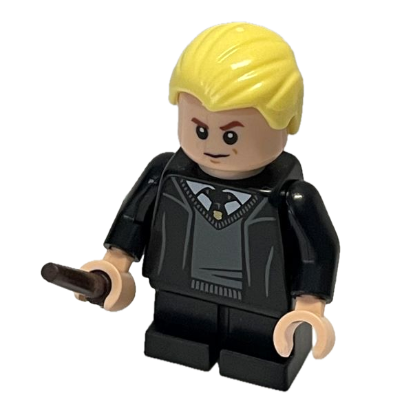 Display of LEGO Harry Potter Draco Malfoy, Hogwarts Robe with wands