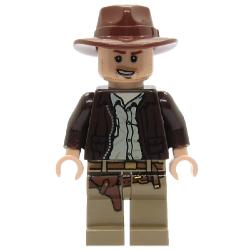 This LEGO minifigure is called, Indiana Jones, Open-Mouth Grin *Includes whip and messenger bag. It's minifig ID is iaj044.