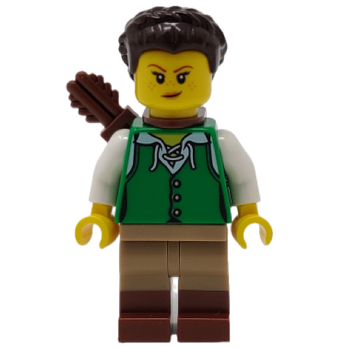 This LEGO minifigure is called, Archer, Female, Green Tunic, Quiver *Never assembled. It's minifig ID is idea083.