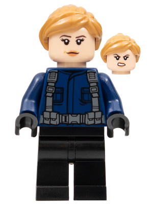 This LEGO minifigure is called, ACU Guard, Female, Medium Nougat Hair, Light Nougat Head . It's minifig ID is jw086.