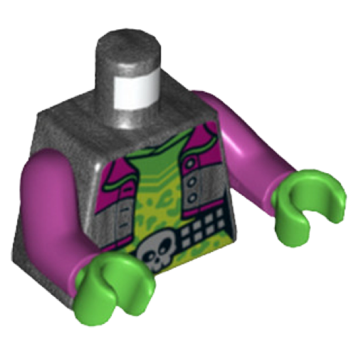 Display of LEGO part no. 973pb4474c01 which is a Pearl Dark Gray Torso Jacket, Lime and Bright Green Shirt, Silver Belt with Skull Pattern / Magenta Arms / Bright Green Hands