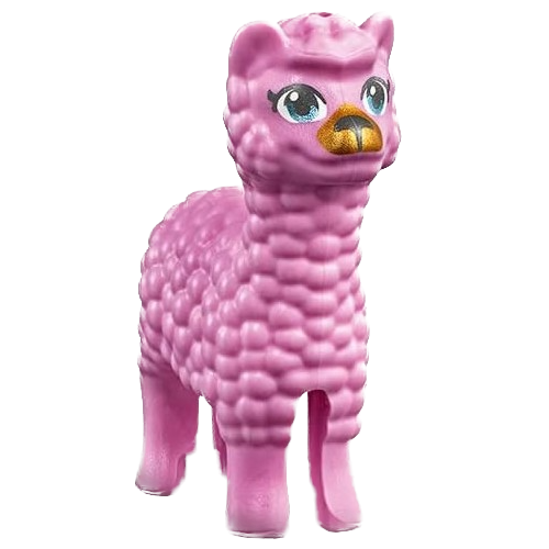Display of LEGO part no. 65405pb01 which is a Bright Pink Alpaca / Llama, Friends with Metallic Light Blue Eyes, Pearl Dark Gray Nose, and Gold Muzzle Pattern