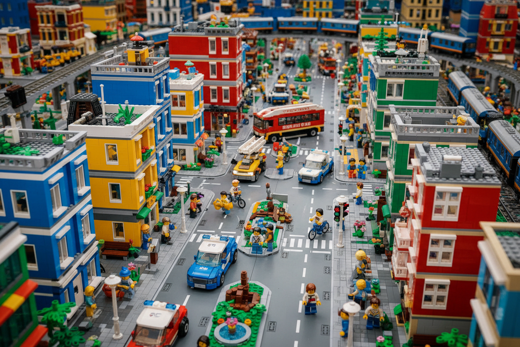 LEGO city ad with a lego city background and no text
