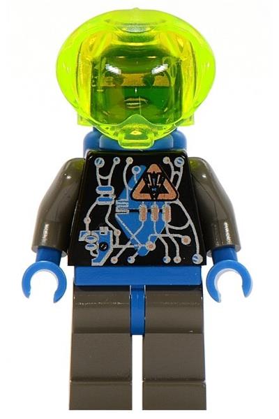 Toy figure with a green helmet and black outfit on a white background