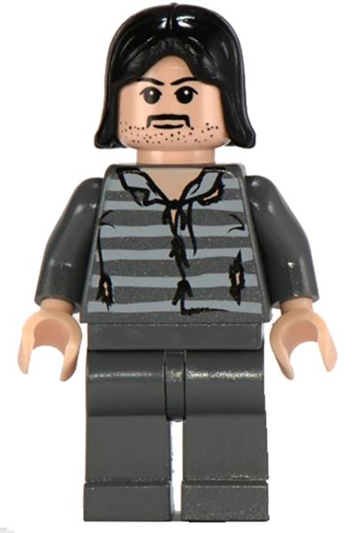 Minifigure with black hair and a striped shirt on a white background