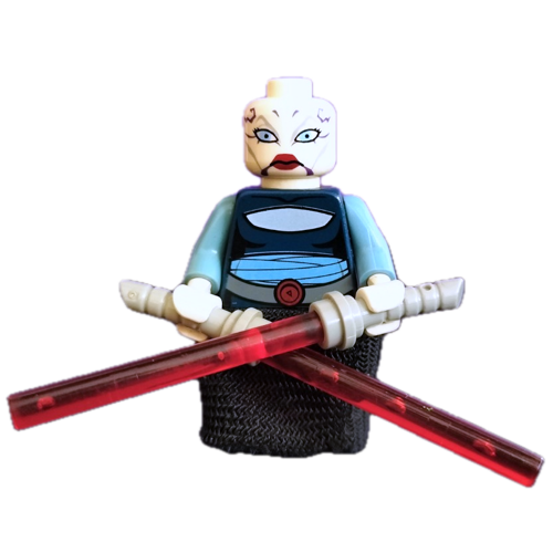 This LEGO minifigure is called, Asajj Ventress, Dark Blue Torso *with 2 lightsabers. It's minifig ID is sw0195.