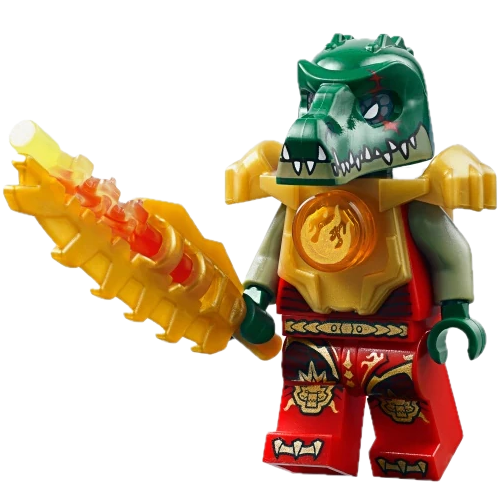 This LEGO minifigure is called, Cragger, Fire Chi, Heavy Armor, Red Torso / *with weapon. It's minifig ID is loc092.