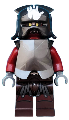 This LEGO minifigure is called, Uruk-hai, Handprint Helmet / *with white hand shield and sword. It's minifig ID is lor022.