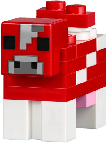 Display of LEGO part no. minecow02b which is a n/a Minecraft Cow, Mooshroom (Light Bluish Gray Pixel Between Eyes), Brick Built 