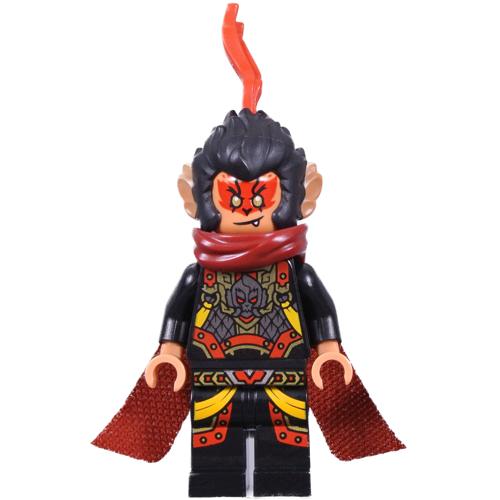 This LEGO minifigure is called, Evil Macaque, Black and Red Armor, Dark Red Cape, Cat Tail . It's minifig ID is mk090.