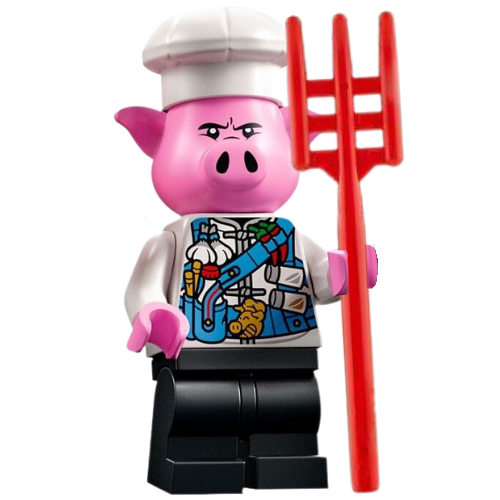 This LEGO minifigure is called, Pigsy, Medium Blue Utility Harness with Pig Head Buckle, Black Medium Legs . It's minifig ID is mk104.