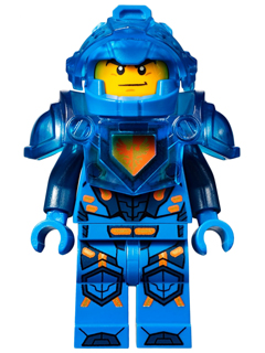 This LEGO minifigure is called, Clay Moorington, Blue Helmet, Trans-Dark Blue Visor and Armor (Ultimate Clay) . It's minifig ID is nex023.