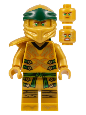 This LEGO minifigure is called, Lloyd (Golden Ninja), Right Shoulder Armor, Pearl Gold Head, Legacy . It's minifig ID is njo584.