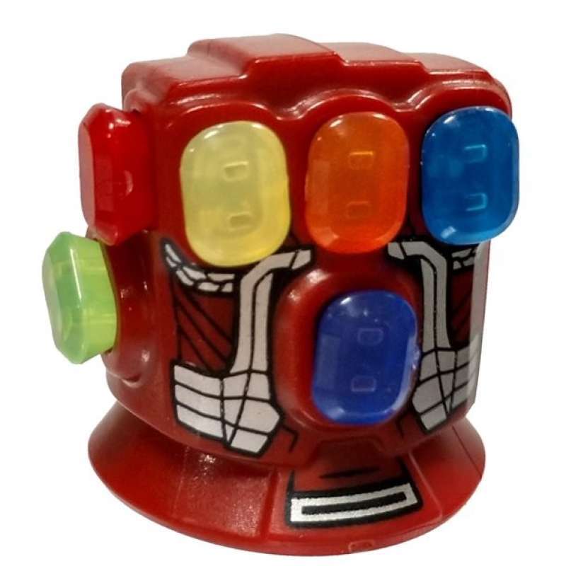 Display of LEGO part no. 66405pb01 which is a Dark Red Hand Large Minifigure Right, Infinity Gauntlet with Silver Plates Pattern and Infinity Stones