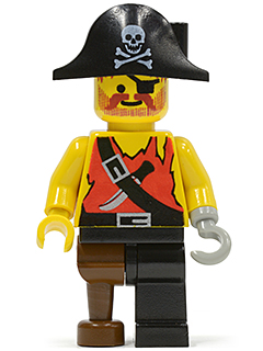 This LEGO minifigure is called, Pirate Shirt with Knife, Black Leg with Peg Leg, Black Pirate Hat with Skull . It's minifig ID is pi022.
