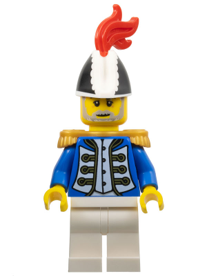 This LEGO minifigure is called, Imperial Soldier IV, Governor, Male, Black and White Bicorne, Red Plume, Gold Epaulettes . It's minifig ID is pi191.