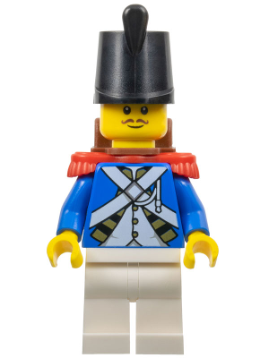 This LEGO minifigure is called, Imperial Soldier IV, Male, Black Shako Hat, Red Epaulettes, Reddish Brown Moustache, Backpack . It's minifig ID is pi193.